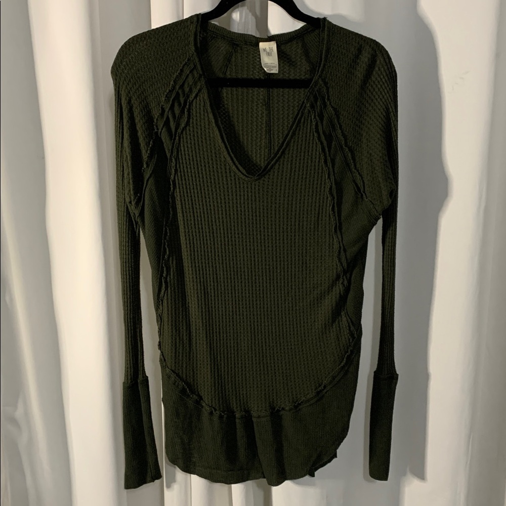 Free People Deep Olive V-Neck Sweater